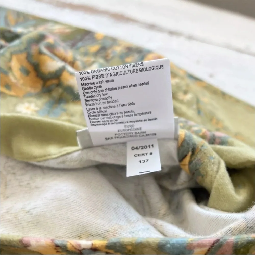 1 Pottery Barn EURO Pillow Sham Sage Green Pheasant Bird Floral FLANNEL Organic